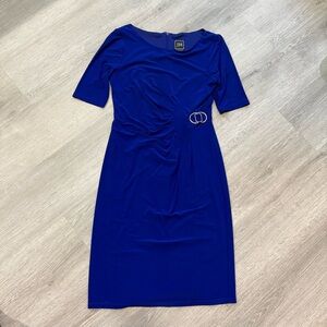 Chic Royal Blue Midi Dress with Belt Accent